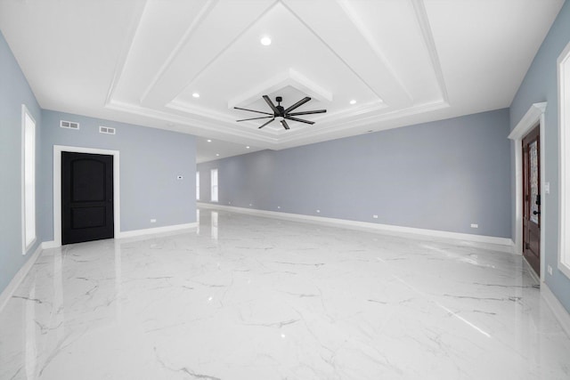 3628 S 54th Ct, Cicero, IL 60804 - unfurnished living room featuring a tray ceiling, light marble finish floors, a ceiling fan, and recessed lighting