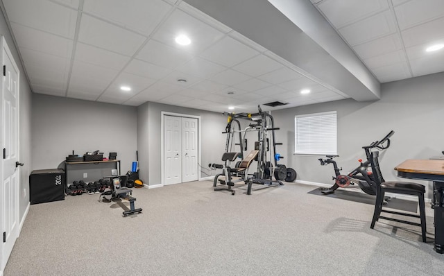 13052 Dunmoor Dr, Lemont, IL 60439 - workout area with carpet, a drop ceiling, and recessed lighting