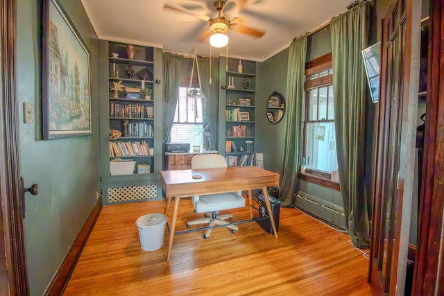 524 E 13th St, Lockport, IL 60441 - office space with ceiling fan, healthy amount of natural light, light wood-style flooring, built in shelves, and crown molding
