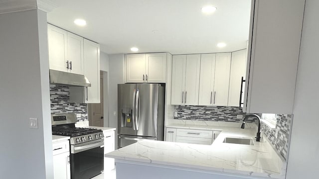 2100 Lloyd Ave, Lombard, IL 60148 - kitchen with stainless steel appliances, under cabinet range hood, light stone counters, a peninsula, and backsplash