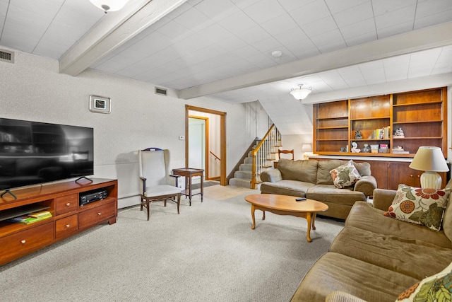 3717 W High St, Mchenry, IL 60050 - living area with carpet flooring, stairs, and beam ceiling