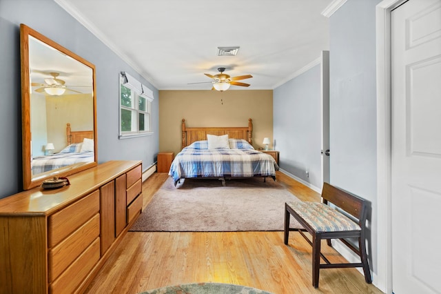 3717 W High St, Mchenry, IL 60050 - bedroom with light wood-style floors, crown molding, baseboard heating, and ceiling fan