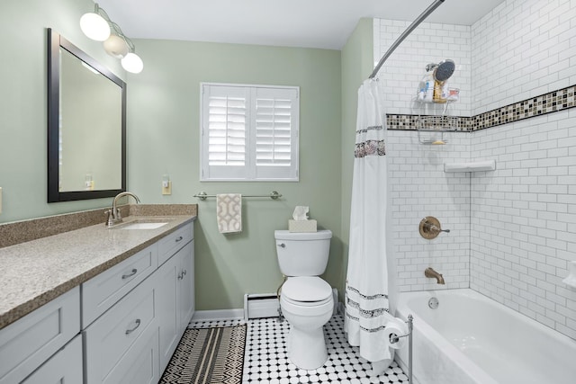 3717 W High St, Mchenry, IL 60050 - full bath with vanity, a baseboard heating unit, shower / tub combo with curtain, and tile patterned flooring