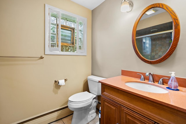 3717 W High St, Mchenry, IL 60050 - bathroom featuring a baseboard radiator, vanity, tile patterned floors, and a shower