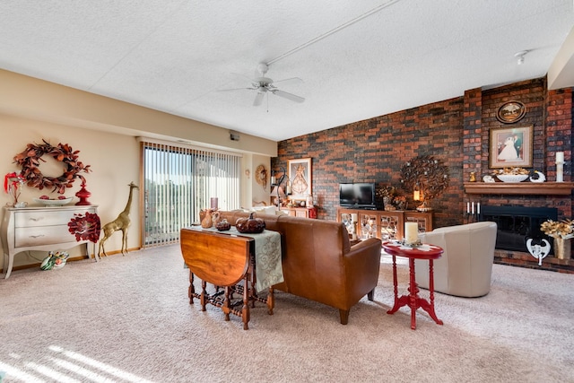 1503 Woodbridge Rd Unit 3E, Joliet, IL 60436 - living room featuring a ceiling fan, a textured ceiling, lofted ceiling, carpet floors, and a brick fireplace