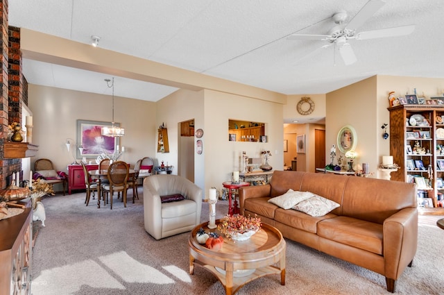 1503 Woodbridge Rd Unit 3E, Joliet, IL 60436 - living area featuring carpet floors, ceiling fan, a textured ceiling, and a chandelier