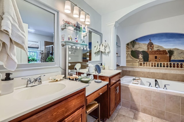 12740 Hawks Bill Ln, Plainfield, IL 60585 - full bath with double vanity, a garden tub, tile patterned flooring, and a shower with door