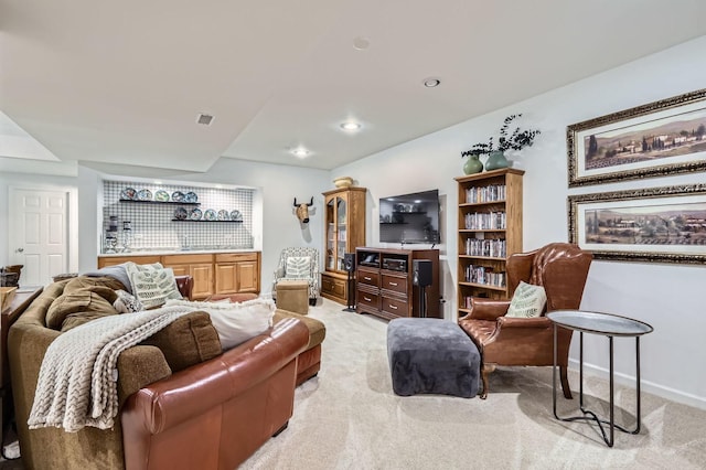 12740 Hawks Bill Ln, Plainfield, IL 60585 - living room featuring light carpet, a dry bar, and recessed lighting