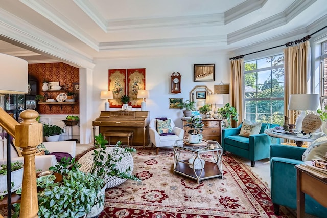 12740 Hawks Bill Ln, Plainfield, IL 60585 - living area featuring a raised ceiling and ornamental molding