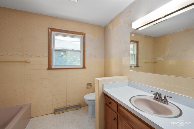 15418 S Pratt Ln, Plainfield, IL 60544 - bathroom with tile walls, vanity, a bathtub, tile patterned flooring, and wallpapered walls