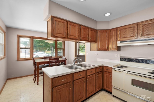 15418 S Pratt Ln, Plainfield, IL 60544 - kitchen featuring white range with electric stovetop, under cabinet range hood, light floors, brown cabinets, and light countertops