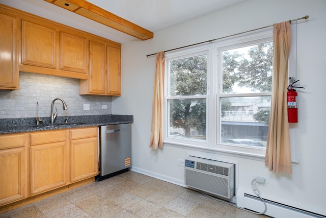 5457 W Edmunds St Unit 1A, Chicago, IL 60630 - kitchen with stainless steel dishwasher, a baseboard heating unit, decorative backsplash, beam ceiling, and a wall mounted air conditioner