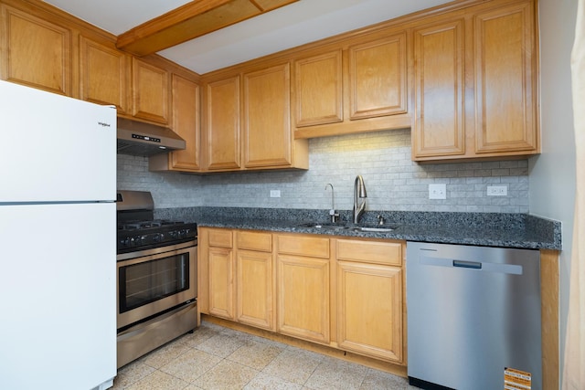 5457 W Edmunds St Unit 1A, Chicago, IL 60630 - kitchen featuring appliances with stainless steel finishes, extractor fan, tasteful backsplash, dark stone countertops, and beamed ceiling