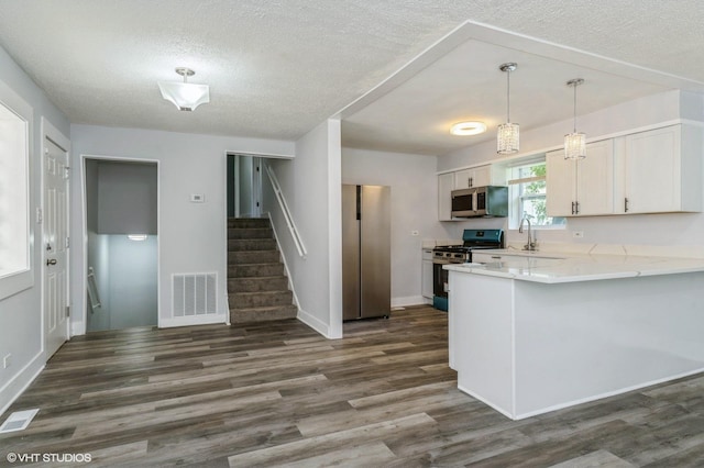 6545 S Hamilton Ave, Chicago, IL 60636 - kitchen with appliances with stainless steel finishes, a textured ceiling, dark wood-style floors, a peninsula, and white cabinets