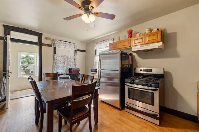 5121 W Henderson Ave, Chicago, IL 60641 - kitchen featuring appliances with stainless steel finishes, under cabinet range hood, light wood-style flooring, and a ceiling fan