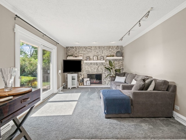 922 S School St, Mount Prospect, IL 60056 - living room with carpet flooring, a textured ceiling, track lighting, a fireplace, and crown molding