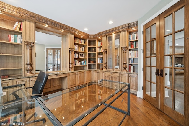 32W634 Oak Lawn Farm Rd, Wayne, IL 60184 - office area featuring french doors, wood finished floors, recessed lighting, and built in features