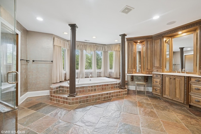 32W634 Oak Lawn Farm Rd, Wayne, IL 60184 - full bathroom featuring stone tile floors, vanity, a garden tub, recessed lighting, and a stall shower