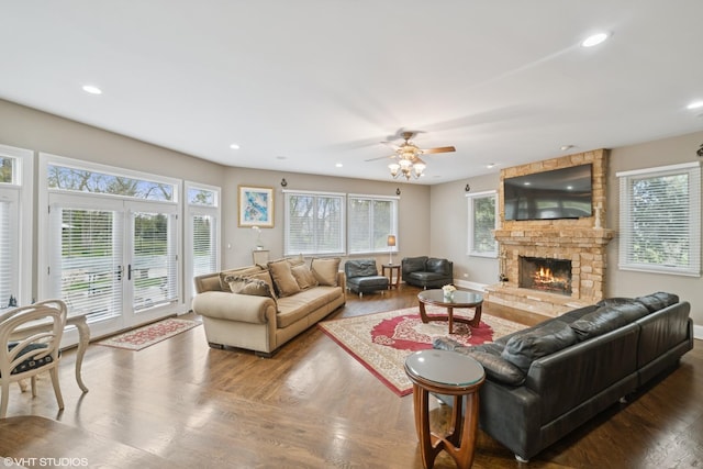 32W634 Oak Lawn Farm Rd, Wayne, IL 60184 - living room with plenty of natural light, a stone fireplace, wood finished floors, recessed lighting, and a ceiling fan