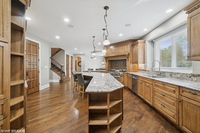 32W634 Oak Lawn Farm Rd, Wayne, IL 60184 - kitchen featuring appliances with stainless steel finishes, open shelves, tasteful backsplash, dark wood-type flooring, and recessed lighting