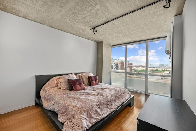 1845 S Michigan Ave Unit 701, Chicago, IL 60616 - bedroom with a wall of windows, a city view, wood finished floors, and track lighting
