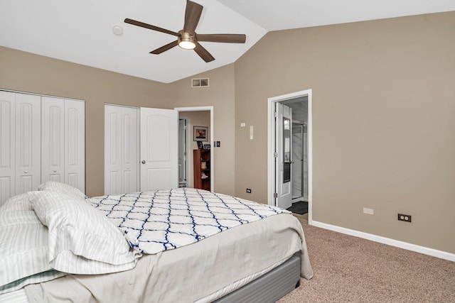 26226 W Tallgrass Trl, Channahon, IL 60410 - carpeted bedroom featuring multiple closets, vaulted ceiling, connected bathroom, and a ceiling fan
