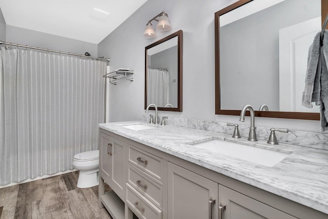 26226 W Tallgrass Trl, Channahon, IL 60410 - bathroom featuring double vanity, wood finished floors, and a shower with curtain