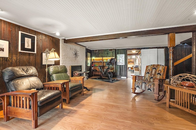 1108 Plaza Dr, New Lenox, IL 60451 - living area with light wood-type flooring, wooden walls, a fireplace, and wooden ceiling