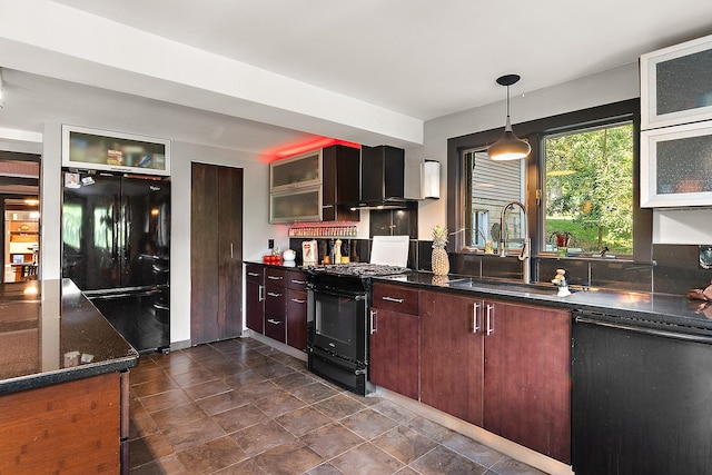 1108 Plaza Dr, New Lenox, IL 60451 - kitchen with black appliances, backsplash, glass insert cabinets, pendant lighting, and dark stone countertops