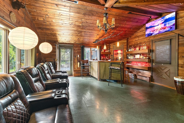 1108 Plaza Dr, New Lenox, IL 60451 - living area featuring wooden walls, a bar, and wood ceiling