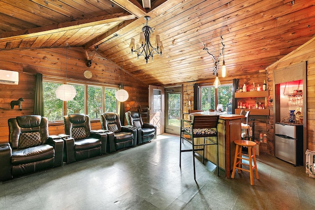 1108 Plaza Dr, New Lenox, IL 60451 - cinema room featuring a wall mounted AC, wooden walls, and wooden ceiling