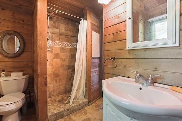 1108 Plaza Dr, New Lenox, IL 60451 - bathroom with wooden walls, a stall shower, vanity, and stone finish floors