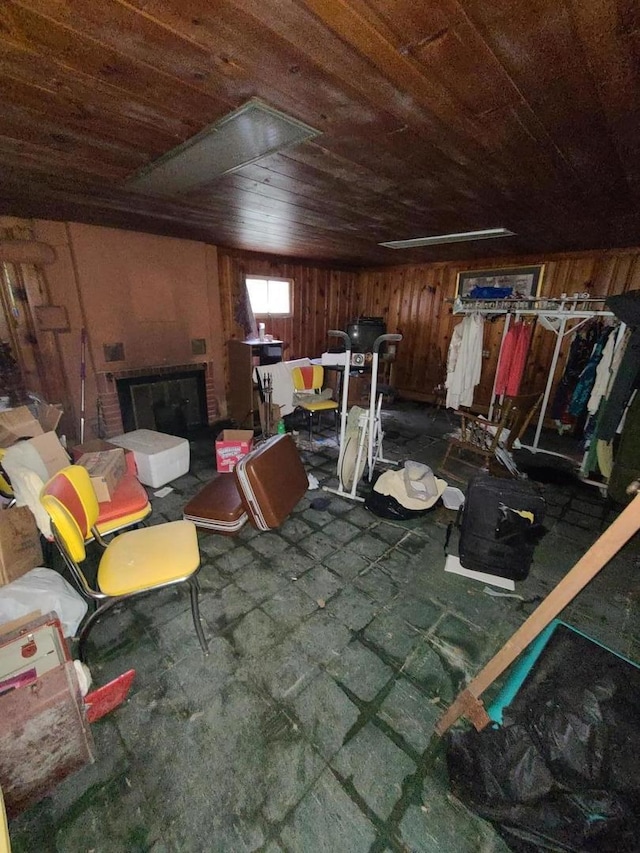 interior space with wooden ceiling and wooden walls