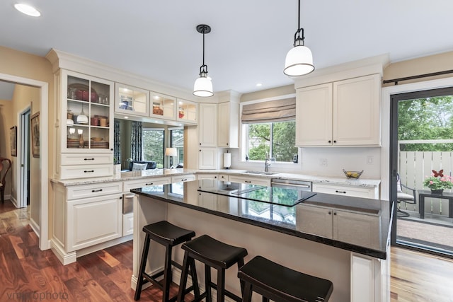 285 N Bay Ct, Lake Barrington, IL 60010 - kitchen with glass insert cabinets, dark wood-type flooring, a kitchen island, a kitchen bar, and hanging light fixtures