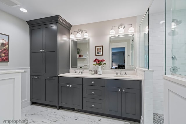 285 N Bay Ct, Lake Barrington, IL 60010 - full bath with marble finish floors, double vanity, tiled shower, and wainscoting