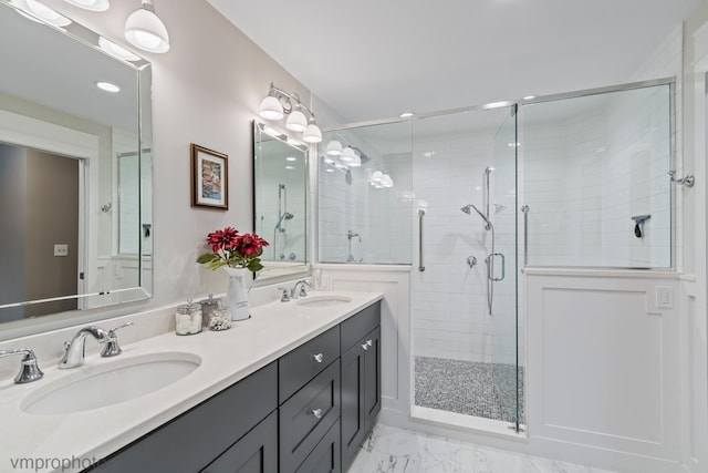 285 N Bay Ct, Lake Barrington, IL 60010 - bathroom with double vanity, a stall shower, recessed lighting, and marble finish flooring