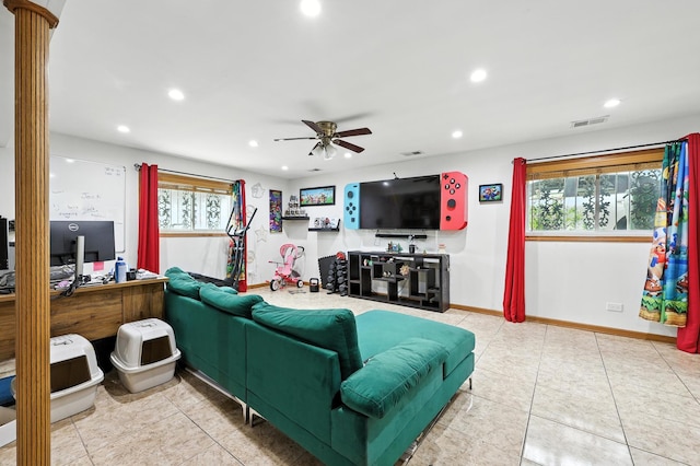 5721 W 88th Pl, Oak Lawn, IL 60453 - tiled living area featuring ceiling fan, plenty of natural light, and recessed lighting