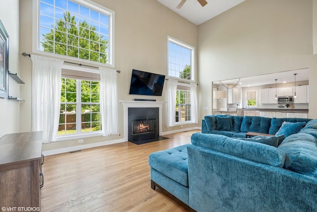 1755 Goldsboro Ln, Crystal Lake, IL 60014 - living area featuring a towering ceiling, a ceiling fan, light wood-style floors, and a fireplace with flush hearth