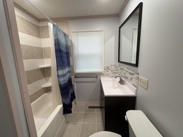 11071 E Fisher Rd, Rochelle, IL 60168 - bathroom with tile patterned floors, vanity, shower / tub combo, ornamental molding, and decorative backsplash