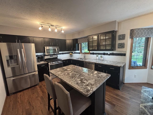 120 Colebrook Pl, Rockton, IL 61072 - kitchen featuring stainless steel appliances, dark cabinets, a textured ceiling, and healthy amount of natural light
