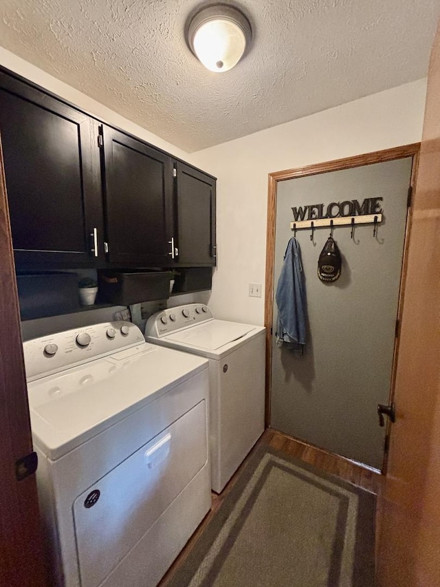 120 Colebrook Pl, Rockton, IL 61072 - laundry area featuring washer and clothes dryer, cabinet space, a textured ceiling, and dark wood-style floors