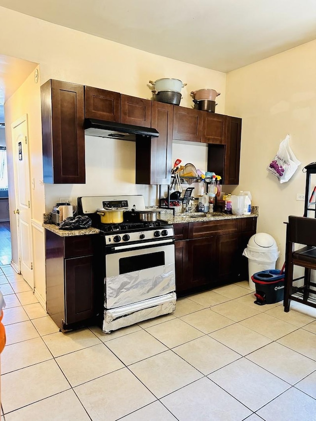 5424 S Winchester Ave, Chicago, IL 60609 - kitchen featuring stainless steel range with gas cooktop, under cabinet range hood, light tile patterned floors, and dark brown cabinetry