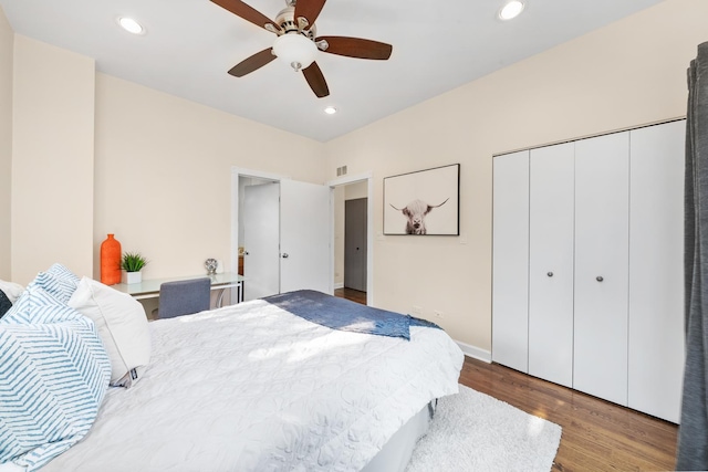 2031 W Saint Paul Ave Unit 2W, Chicago, IL 60647 - bedroom with wood finished floors, a closet, recessed lighting, and a ceiling fan