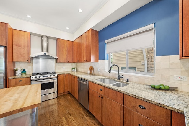 2031 W Saint Paul Ave Unit 2W, Chicago, IL 60647 - kitchen featuring wall chimney exhaust hood, stainless steel appliances, butcher block countertops, ornamental molding, and dark wood-type flooring