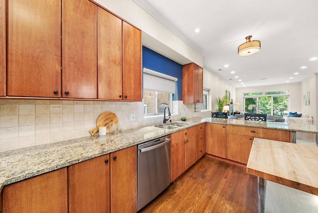2031 W Saint Paul Ave Unit 2W, Chicago, IL 60647 - kitchen with dishwasher, dark wood-style floors, recessed lighting, backsplash, and light stone counters
