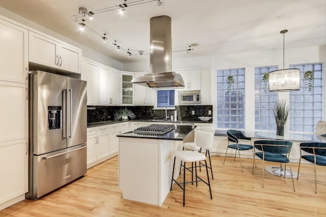 2145 W Crystal St Unit 1, Chicago, IL 60622 - kitchen featuring appliances with stainless steel finishes, island exhaust hood, a kitchen breakfast bar, light wood-type flooring, and a center island