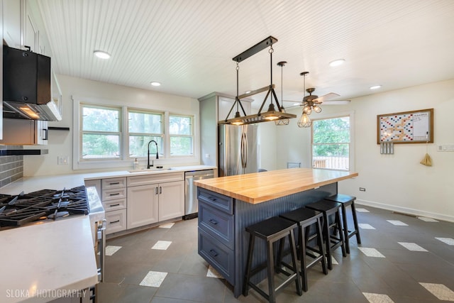 531 Rockland Rd, Crystal Lake, IL 60014 - kitchen featuring appliances with stainless steel finishes, ceiling fan, wood counters, a breakfast bar, and a kitchen island