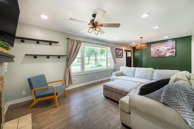 531 Rockland Rd, Crystal Lake, IL 60014 - living area featuring dark wood-style flooring, a fireplace, ceiling fan, and recessed lighting
