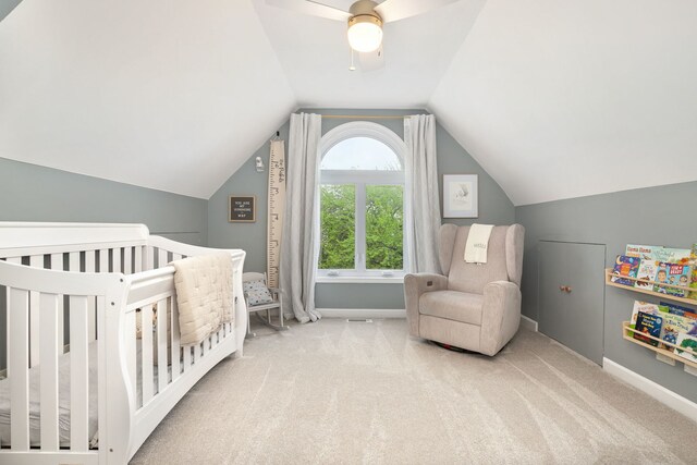 3316 N Leavitt St Unit 2, Chicago, IL 60618 - carpeted bedroom featuring a crib, lofted ceiling, and a ceiling fan