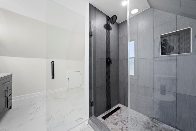 10846 S Sacramento Ave, Chicago, IL 60655 - full bathroom featuring a tile shower, vanity, marble finish flooring, lofted ceiling, and recessed lighting